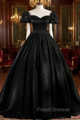 Black Satin Long Formal Prom Dress, Black A-Line Short Sleeve Evening Dress