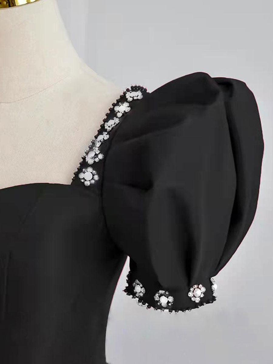 Black Satin Long Prom Dress, Black Evening Dress