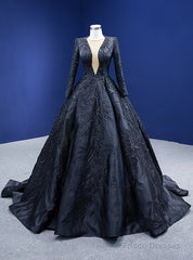 Black Satin Long Sleeve Sequins Prom Dress