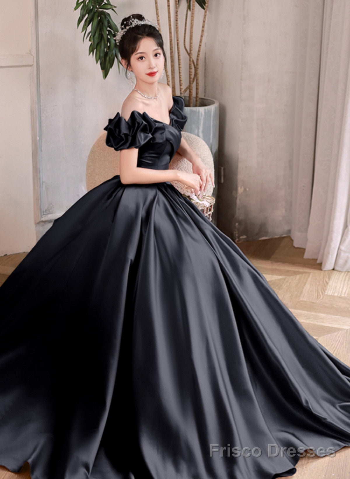 Black Satin Off Shoulder Long Formal Dress Evening Dress, Black Satin Prom Dress Main image