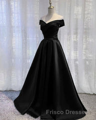 Black Satin Off Shoulder Long Simple Evening Dress Formal Prom Dress,Stunning Party Gown