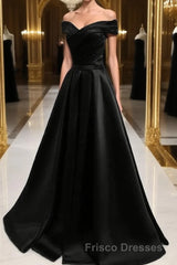 Black Satin Off Shoulder Long Simple Evening Dress Formal Prom Dress,Stunning Party Gown