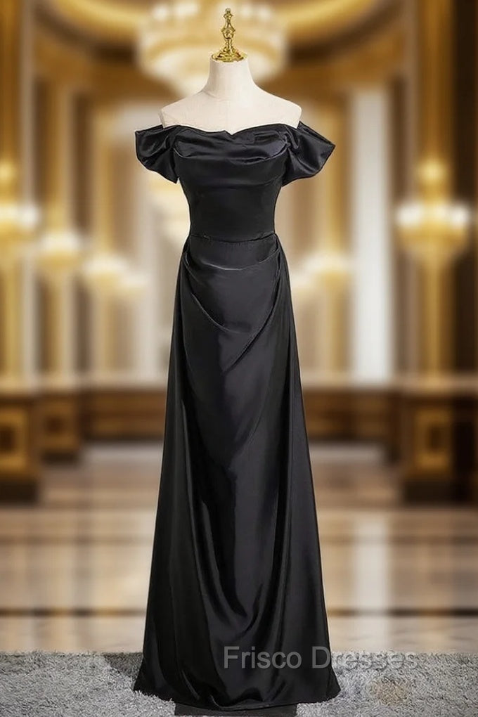 Black Satin Off the Shoulder Pleats Formal Prom Dress Main image