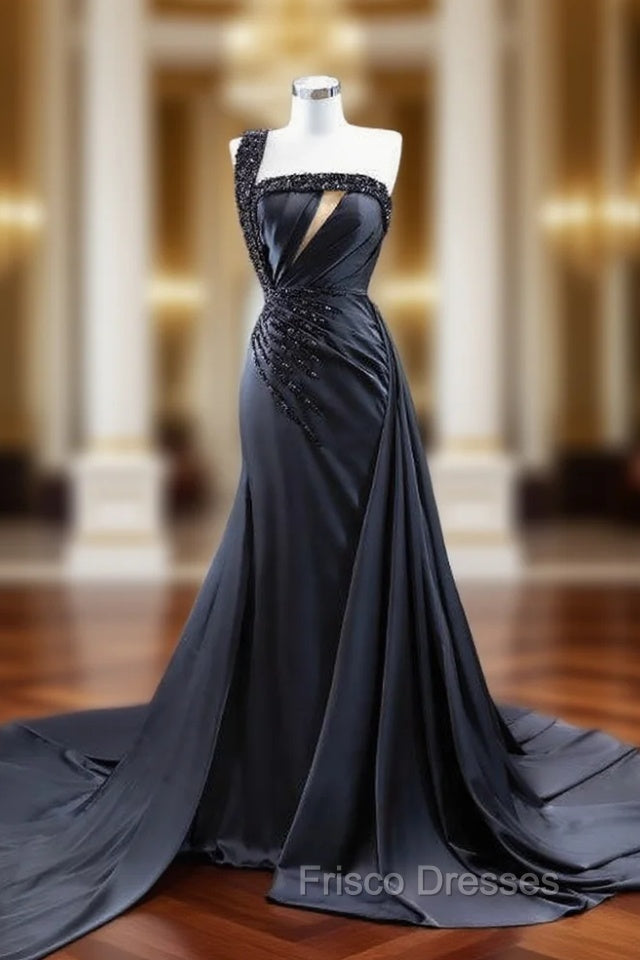 Black Satin One Shoulder Pleats Beading Formal Prom Dress Main image