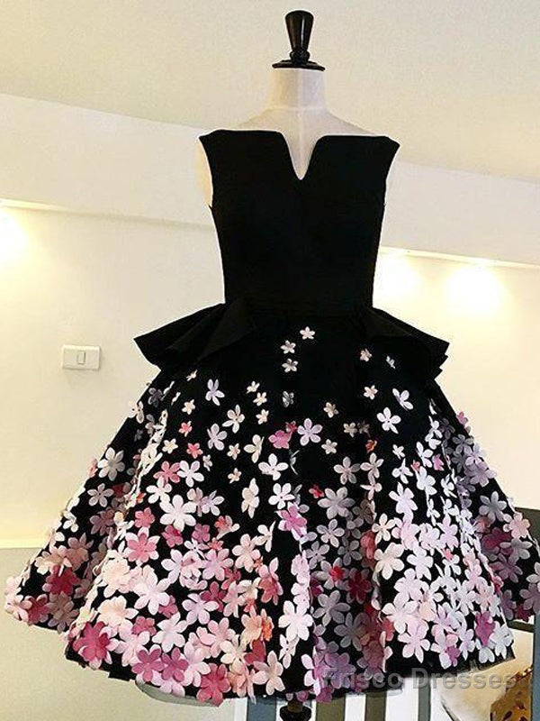 Black Satin Pink Floral Appliques Homecoming Dresses Main image