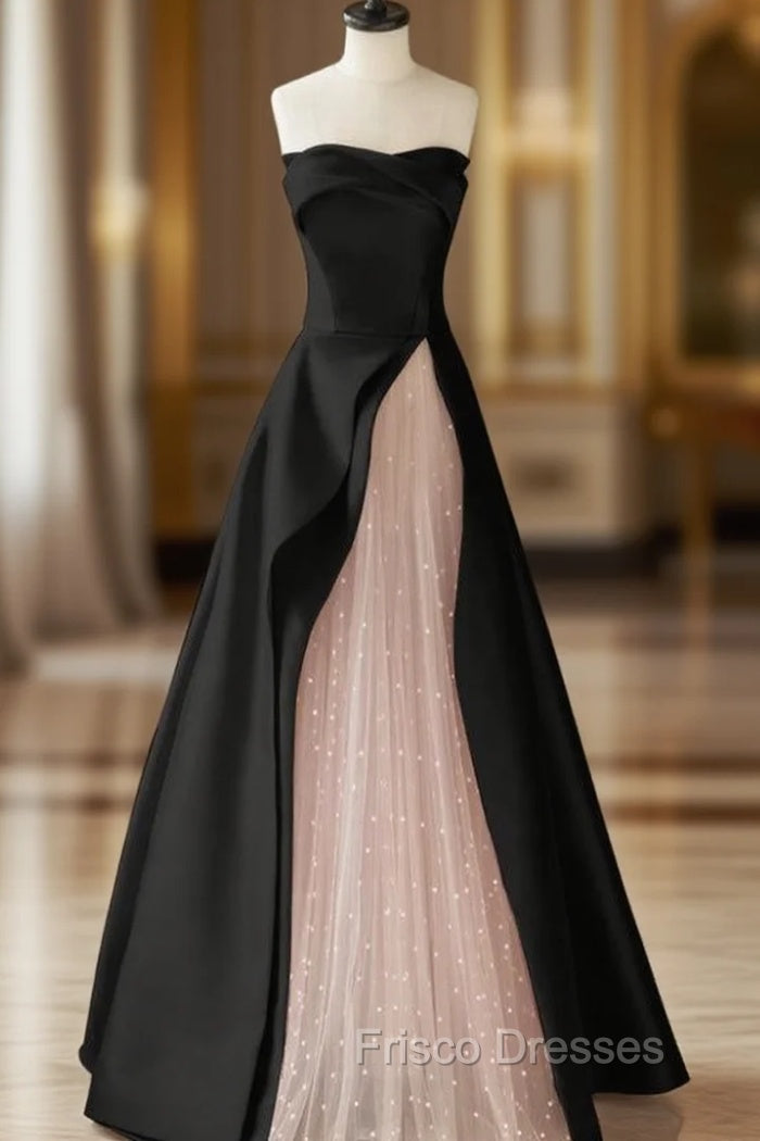 Black Satin Pink Tulle Strapless Formal Prom Dress Main image