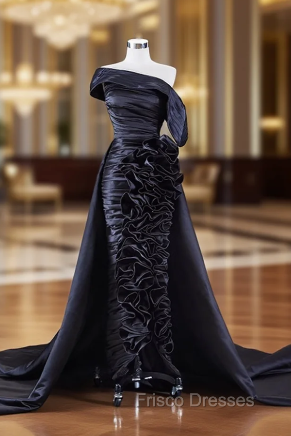 Black Satin Pleats Ruffles Formal Prom Dress Main image