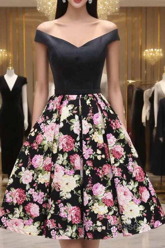 Black Satin Print Off the Shoulder Homecoming Dress Main image