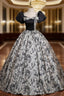 Black Satin Print Short Sleeve Quinceanera Dress