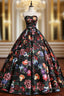 Black Satin Print Sweetheart Quinceanera Dress With Bow