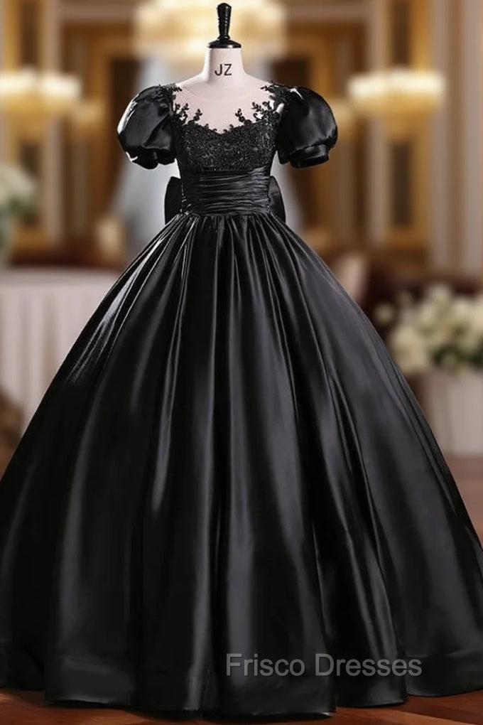 Black Satin Puff Sleeve Beading Quinceanera Dress