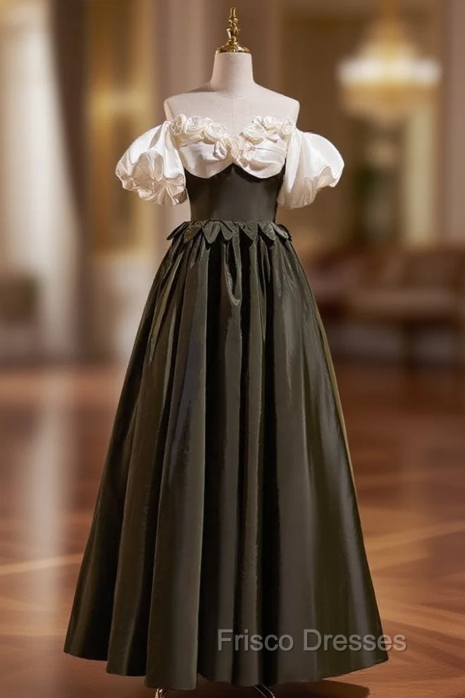 Black Satin Puff Sleeve Flower Formal Prom Dress Main image