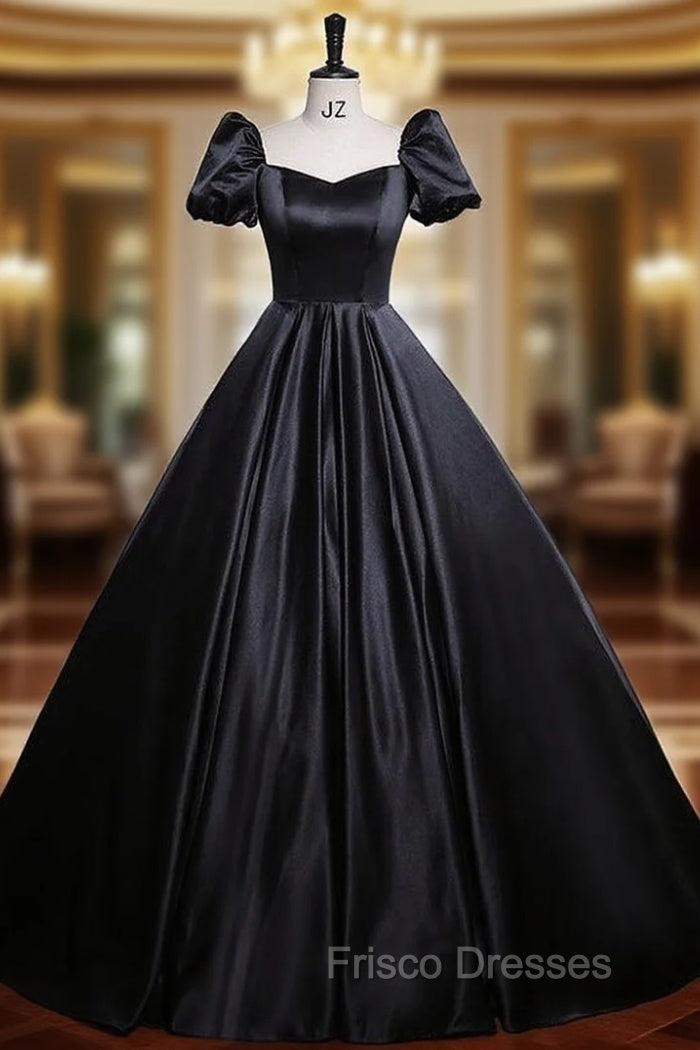 Black Satin Puff Sleeve Square Neck Formal Prom Dress Main image