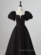 Black Satin Puffy Sleeves Long Evening Party Dress, Black Long Formal Prom Dress