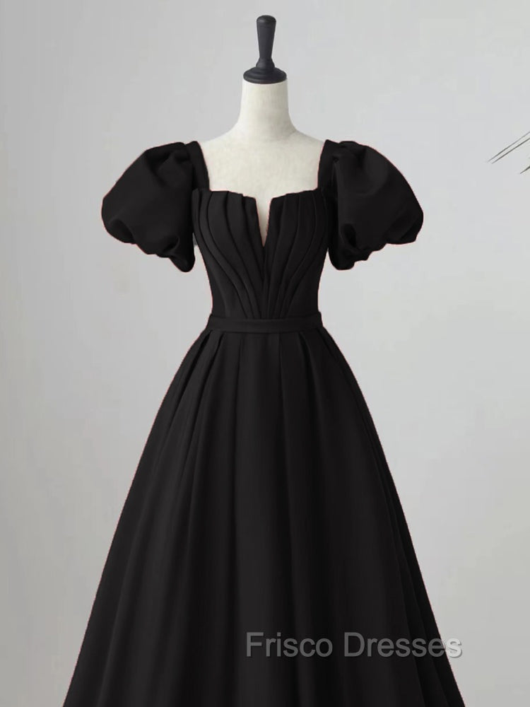 Black Satin Puffy Sleeves Long Evening Party Dress, Black Long Formal Prom Dress