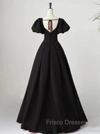 Black Satin Puffy Sleeves Long Evening Party Dress, Black Long Formal Prom Dress