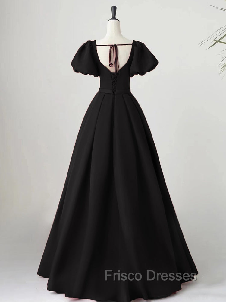 Black Satin Puffy Sleeves Long Evening Party Dress, Black Long Formal Prom Dress