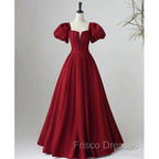 Black Satin Puffy Sleeves Long Evening Party Dress, Black Long Formal Prom Dress