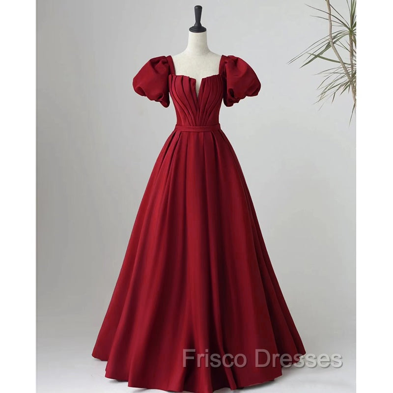 Black Satin Puffy Sleeves Long Evening Party Dress, Black Long Formal Prom Dress