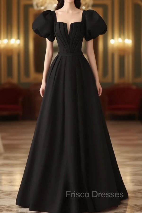 Black Satin Puffy Sleeves Long Evening Party Dress, Black Long Formal Prom Dress