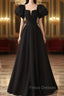 Black Satin Puffy Sleeves Long Evening Party Dress, Black Long Formal Prom Dress