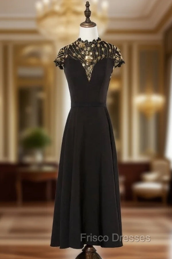 Black Satin Sequins Cap Sleeve High Neck Formal Prom Dress Main image