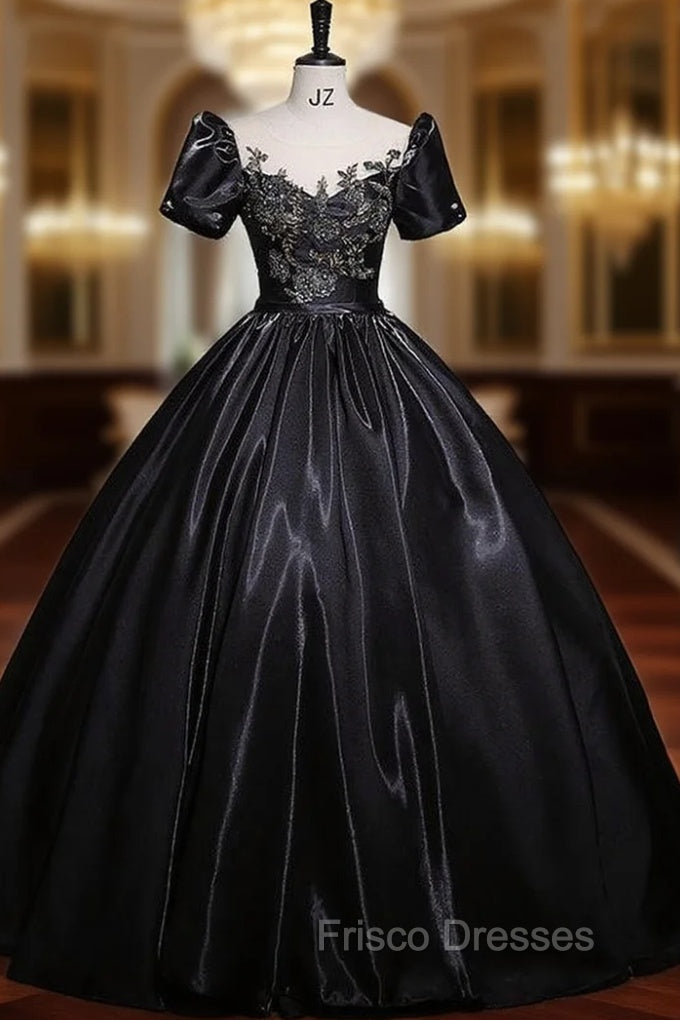 Black Satin Short Sleeve Appliques Quinceanera Dress
