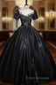 Black Satin Short Sleeve Appliques Quinceanera Dress