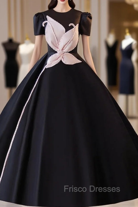 Black Satin Short Sleeve Ball Gown Formal Prom Dress