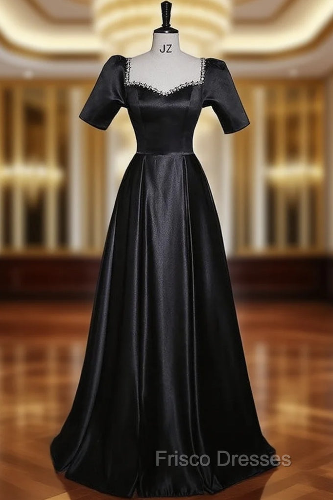 Black Satin Short Sleeve Beading Formal Prom Dress
