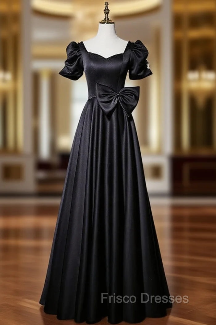 Black Satin Short Sleeve Bow Formal Prom Dress