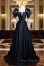 Black Satin Short Sleeve Pleats Formal Prom Dress