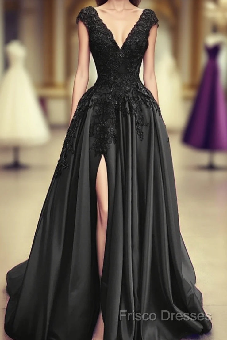 Black Satin Slit Dress With Lace Embroidery Formal Prom Dress