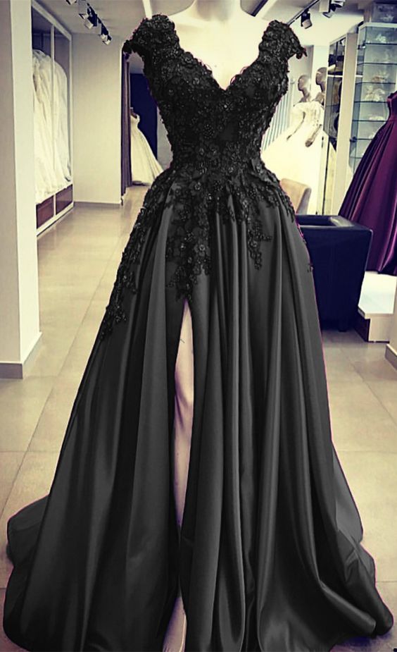 Black Satin Slit Dresses With Lace Embroidery Prom Dresses Main image
