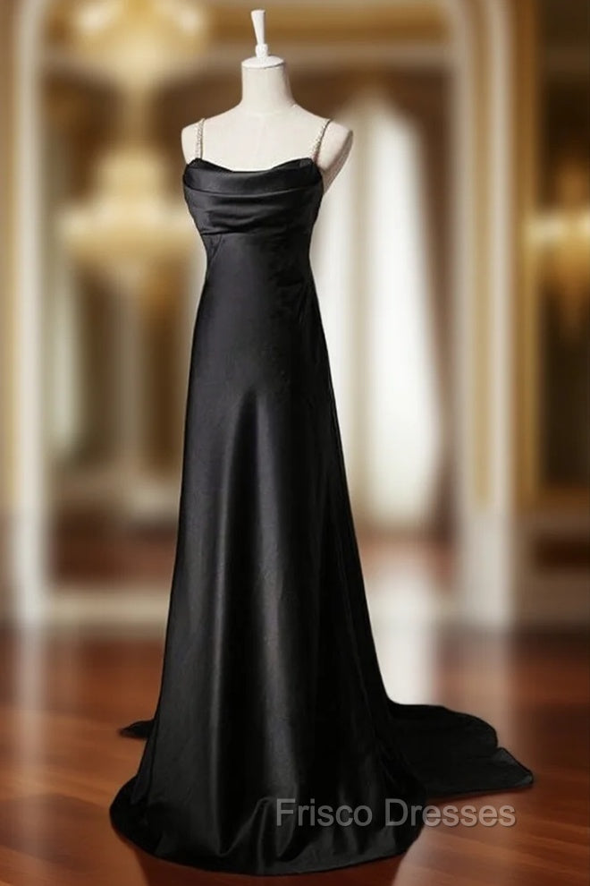 Black Satin Spaghetti Straps Pleats Formal Prom Dress