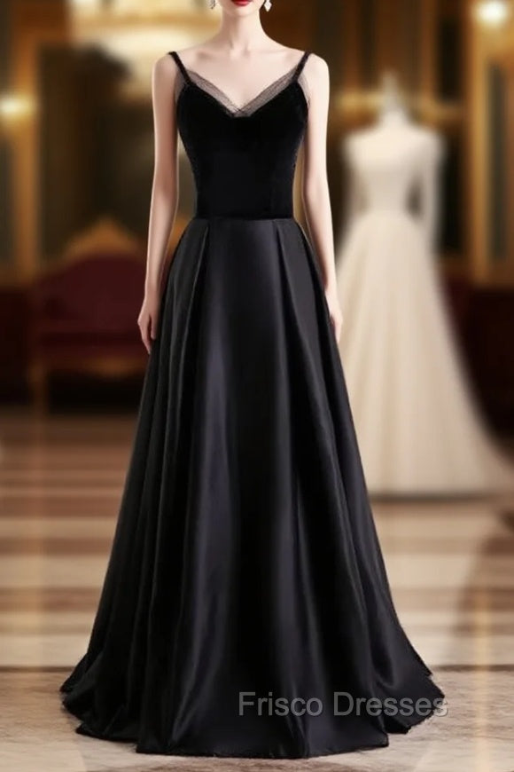 Black Satin Spaghetti Straps Formal Prom Dress Main image
