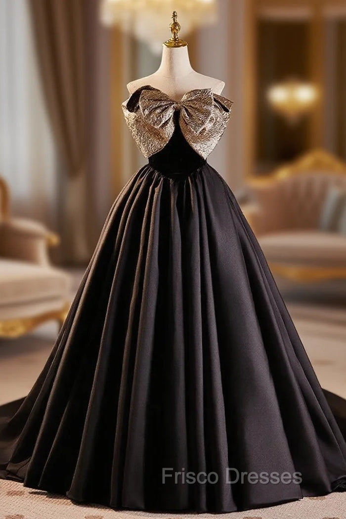 Black Satin Strapless Gold Bow Formal Prom Dress