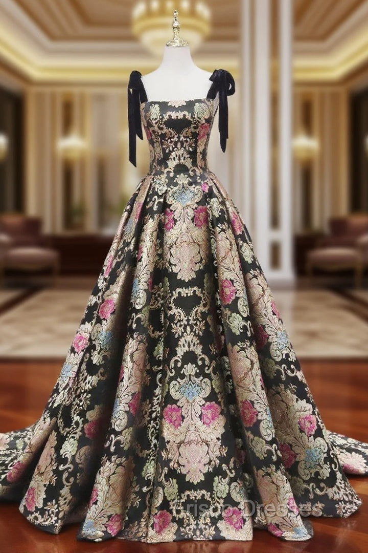 Black Satin Straps A-line Floral Long Formal Dress, Black Evening Dress