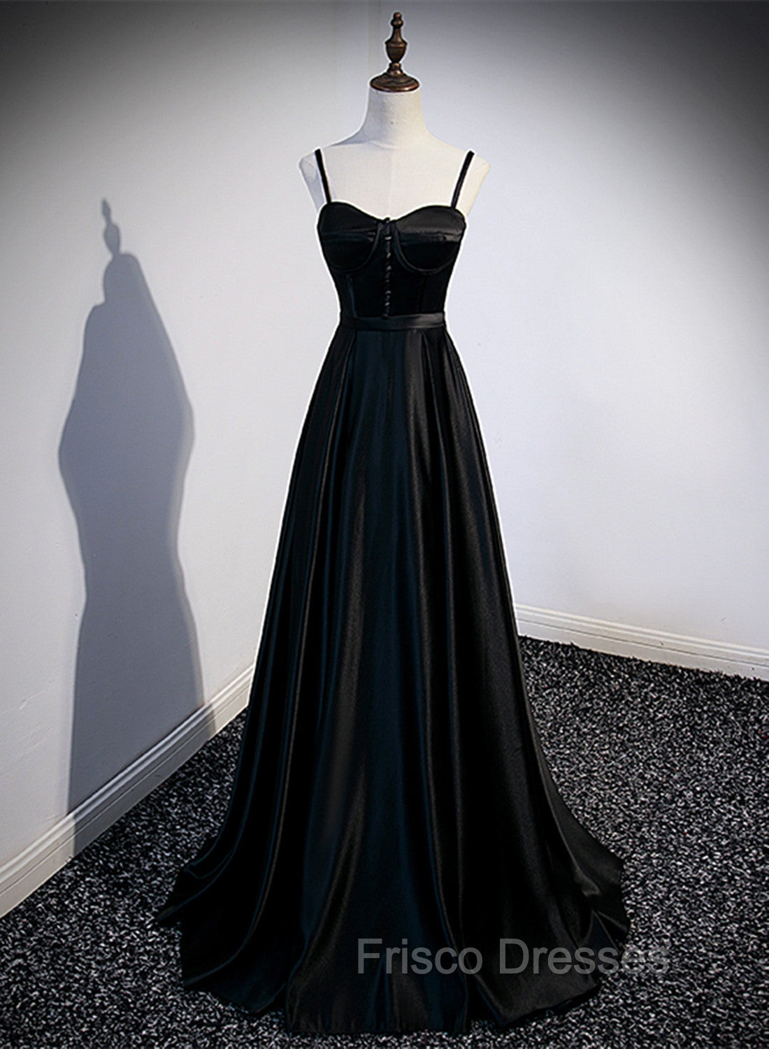 Black Satin Straps Long Party Dress, Black Sweetheart Long Evening Dress Formal Prom Dress