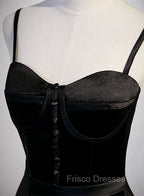 Black Satin Straps Long Party Dress, Black Sweetheart Long Evening Dress Formal Prom Dress