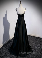 Black Satin Straps Long Party Dress, Black Sweetheart Long Evening Dress Formal Prom Dress