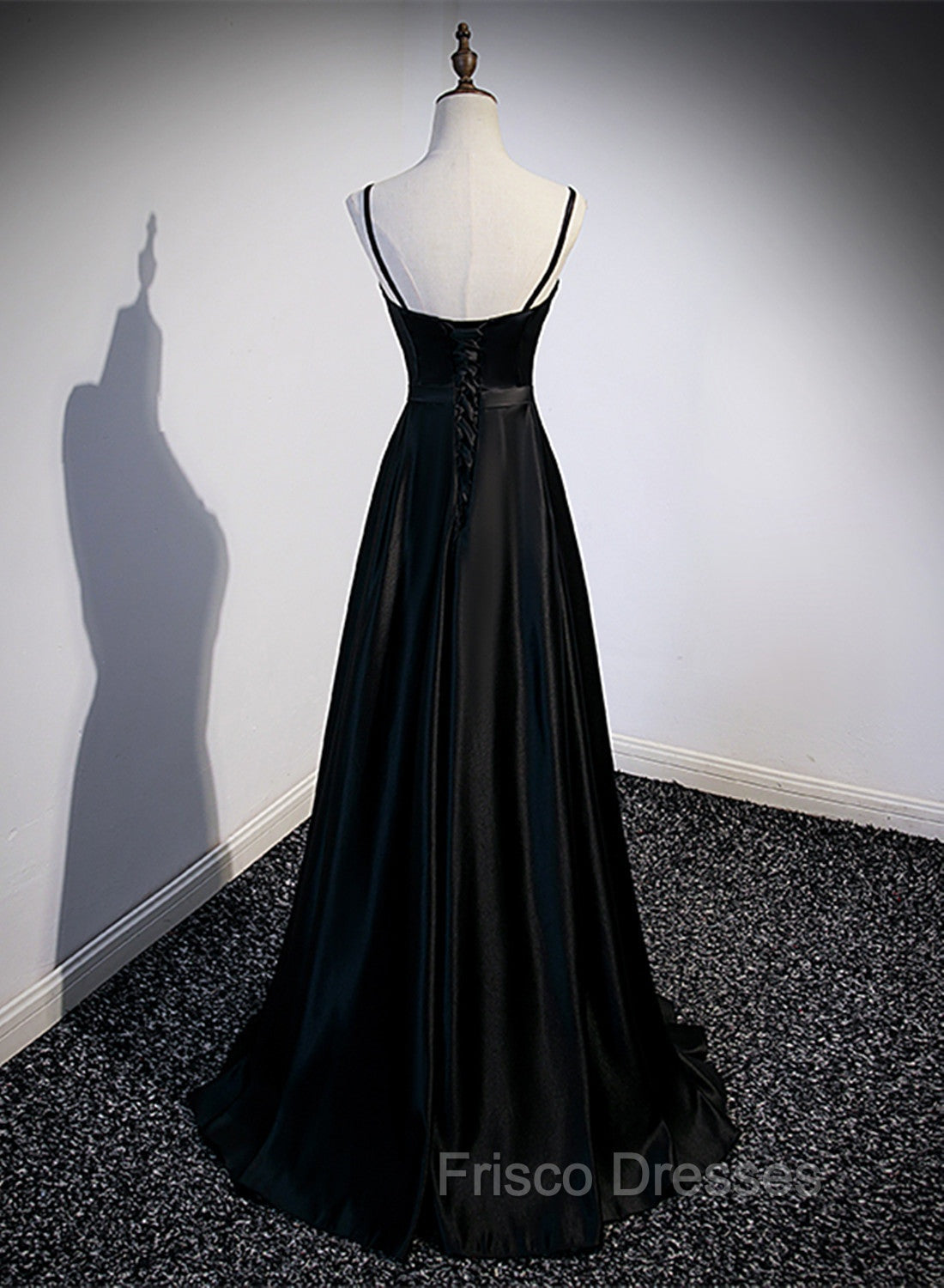 Black Satin Straps Long Party Dress, Black Sweetheart Long Evening Dress Formal Prom Dress