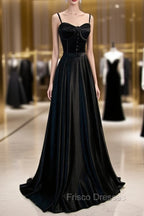 Black Satin Straps Long Party Dress, Black Sweetheart Long Evening Dress Formal Prom Dress