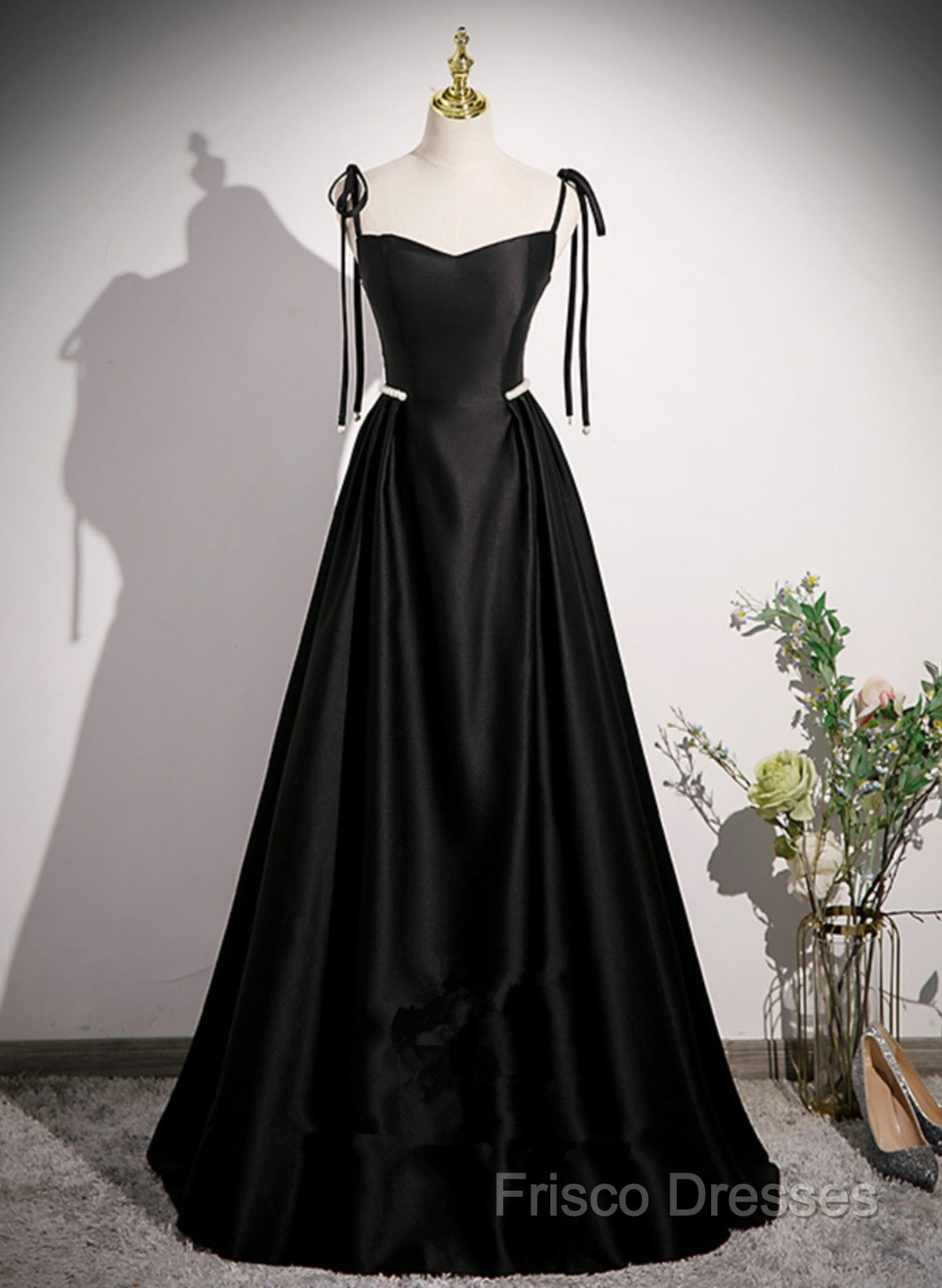 Black Satin Sweetheart Long Formal Prom Dress With Bow, Black Long Formal Dress