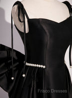 Black Satin Sweetheart Long Formal Prom Dress With Bow, Black Long Formal Dress