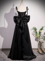 Black Satin Sweetheart Long Formal Prom Dress With Bow, Black Long Formal Dress