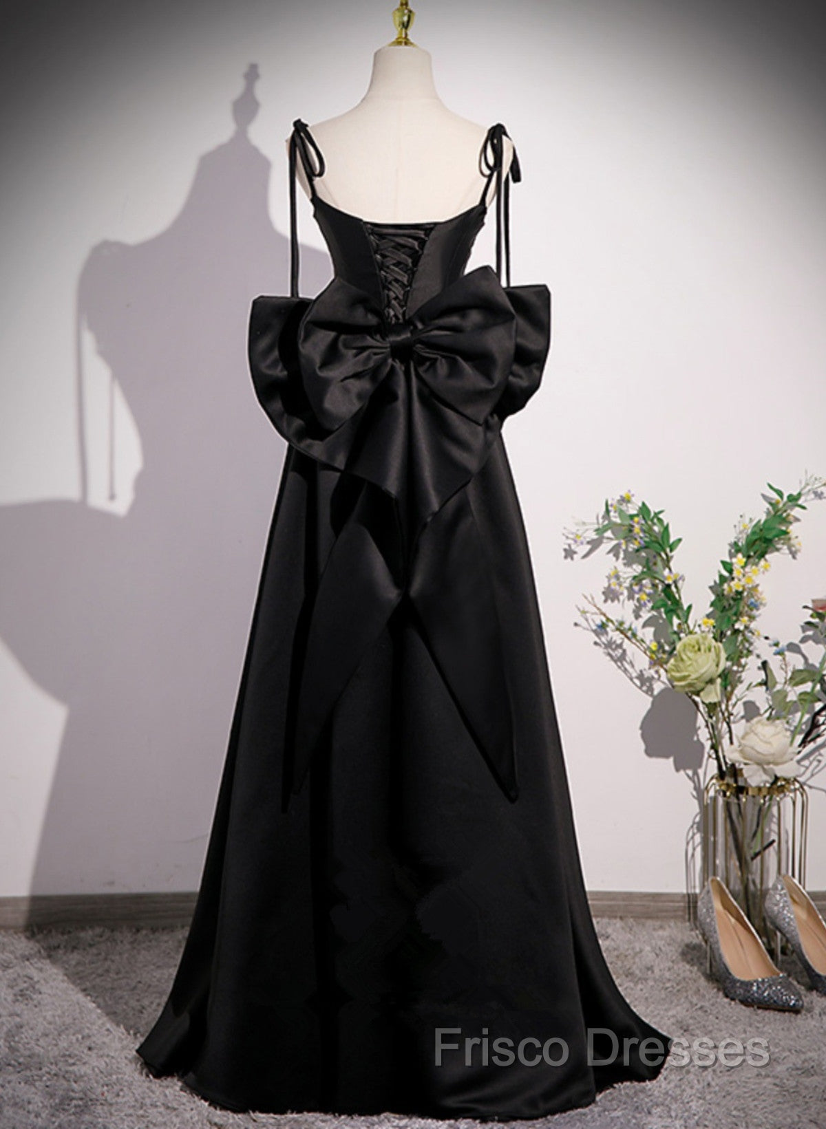 Black Satin Sweetheart Long Formal Prom Dress With Bow, Black Long Formal Dress