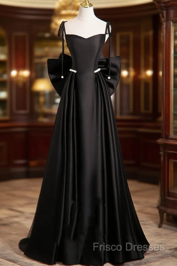 Black Satin Sweetheart Long Formal Prom Dress With Bow, Black Long Formal Dress Main image