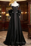 Black Satin Sweetheart Long Formal Prom Dress With Bow, Black Long Formal Dress