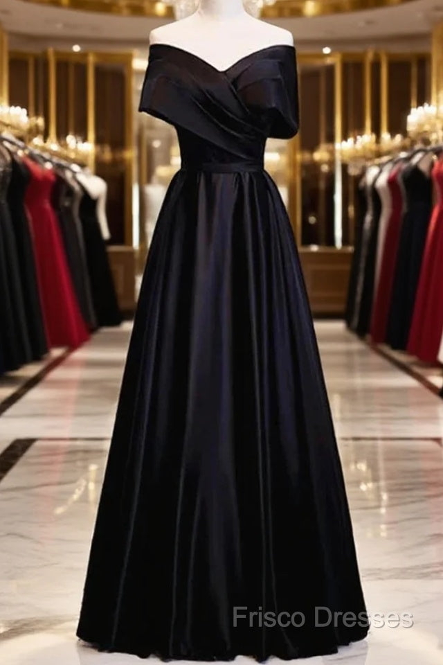 Black Satin Sweetheart Off Shoulder Party Dress, Black A-Line Long Formal Dress Main image